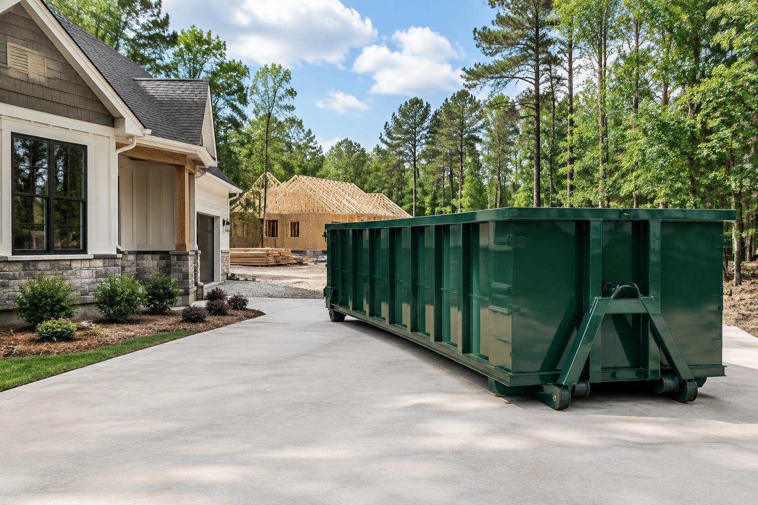 Green roll-off dumpster on a driveway at a Georgia home renovation
